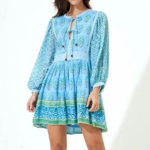 NWT Oliphant Tie Front Balloon Sleeve Dress in Blue Clover
